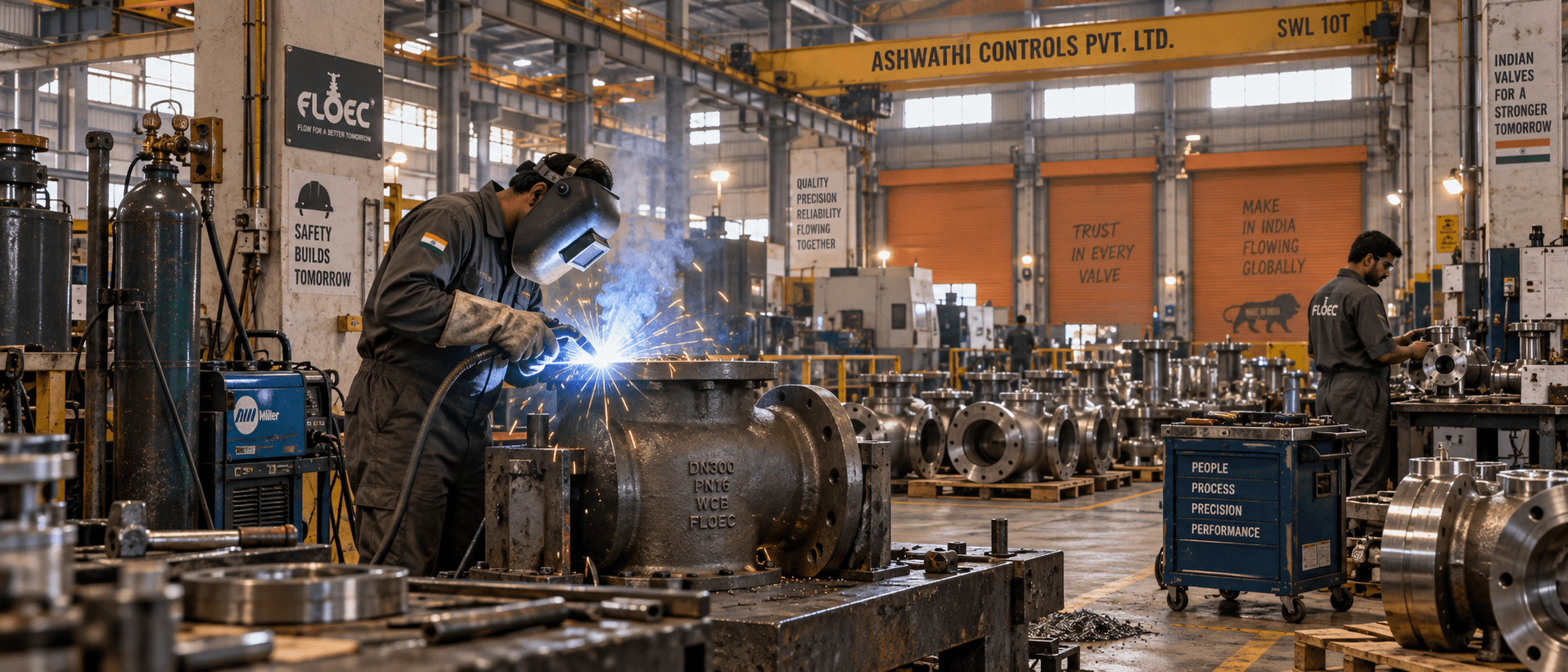 Welding and fabrication inside an industrial valve manufacturing facility