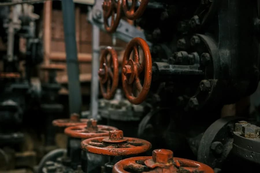 Rows of industrial valves with handwheels
