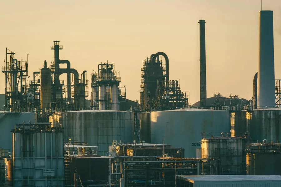 Oil and gas refinery at sunset